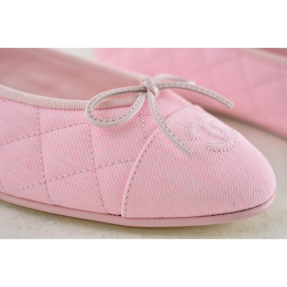 Chanel 26P Light Pink Denim Quilted CC Logo Bow Tie Ballet Ballerina Flat 38 - Picture 9 of 16